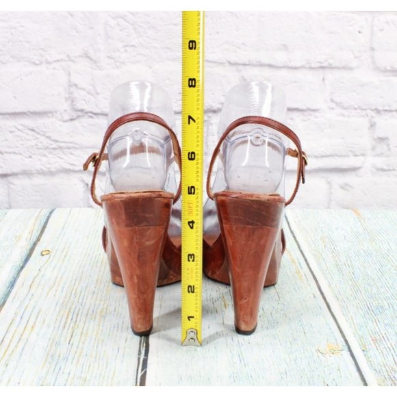 Wood Worx Red Leather Ankle Strap Wooden Heels Pump Sandals Size 9 M - Picture 9 of 10